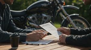 バイクの横で保険書類を確認する男性。バイク保険の見直しや節約をイメージしたシーン。屋外で自然光の中、落ち着いた雰囲気で撮影された写真。