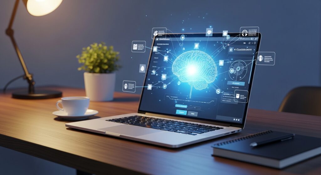 AIツールを表示したノートパソコンとデジタル脳のイメージ