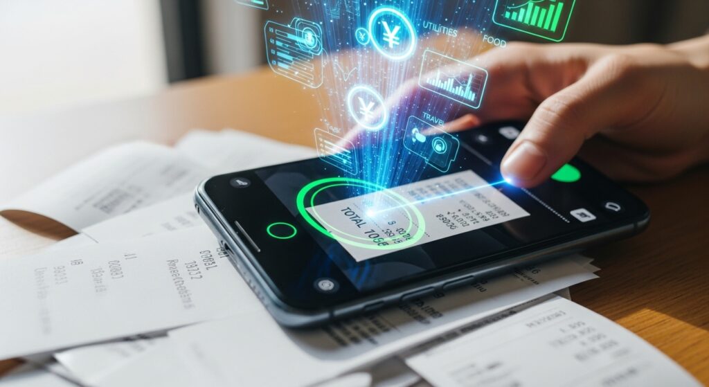 スマートフォンでレシートを読み取りAIがデータ処理するイメージ