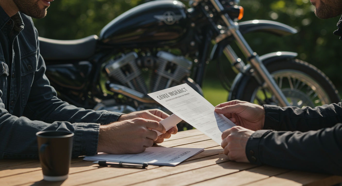 バイクの横で保険書類を確認する男性。バイク保険の見直しや節約をイメージしたシーン。屋外で自然光の中、落ち着いた雰囲気で撮影された写真。