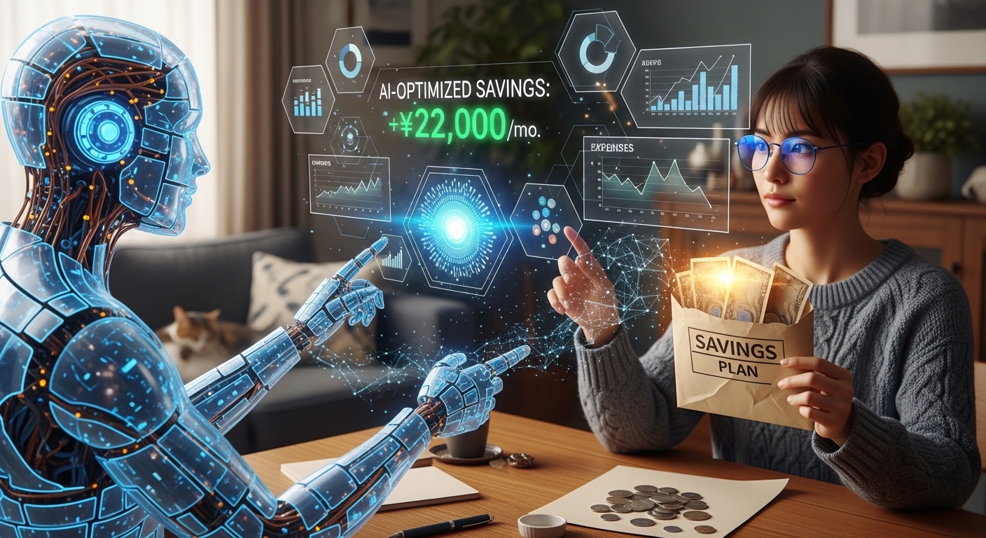 AIが支出や収益を分析し節約プランを提案するイメージ