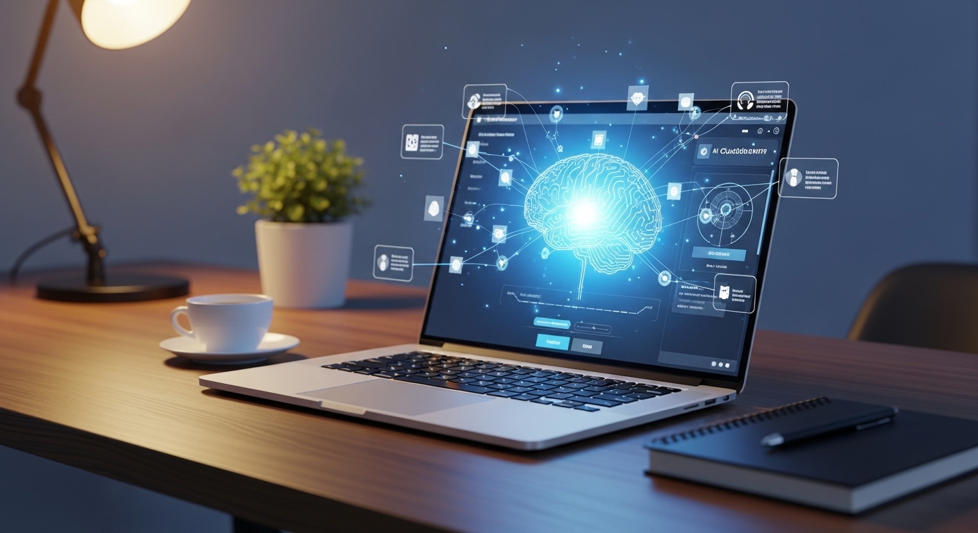 AIツールを表示したノートパソコンとデジタル脳のイメージ
