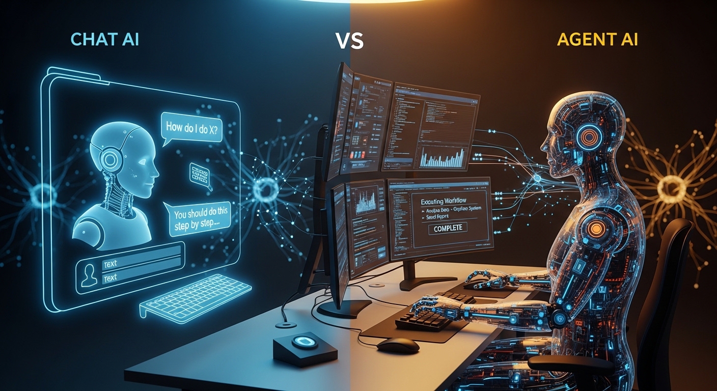 Chat AIとAgent AIの違いと機能比較を示すイメージ